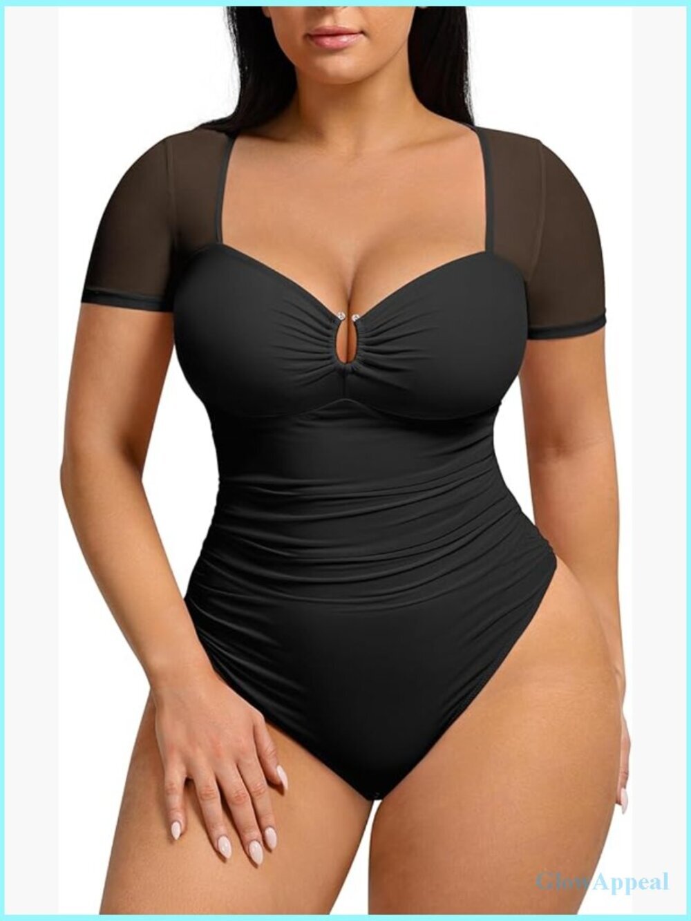 Shapewear Bodysuit V Neck Short Sleeve Thong Sheer Mesh Ruched Tummy Control